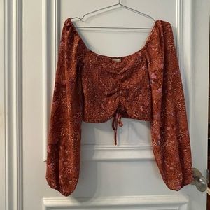 CUTE! Dark Rust Orange Floral Long Sleeve Crop top Size S